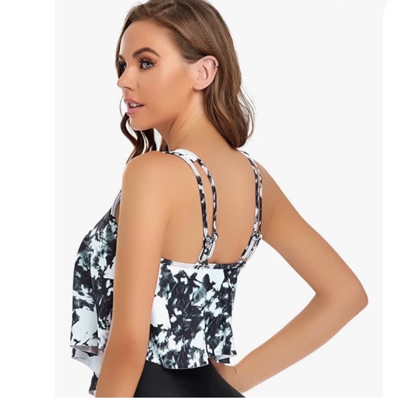 Black & White Ruffled Tankini Top US Size M Wide & Spaghetti Straps Swimsuit - Picture 6 of 6